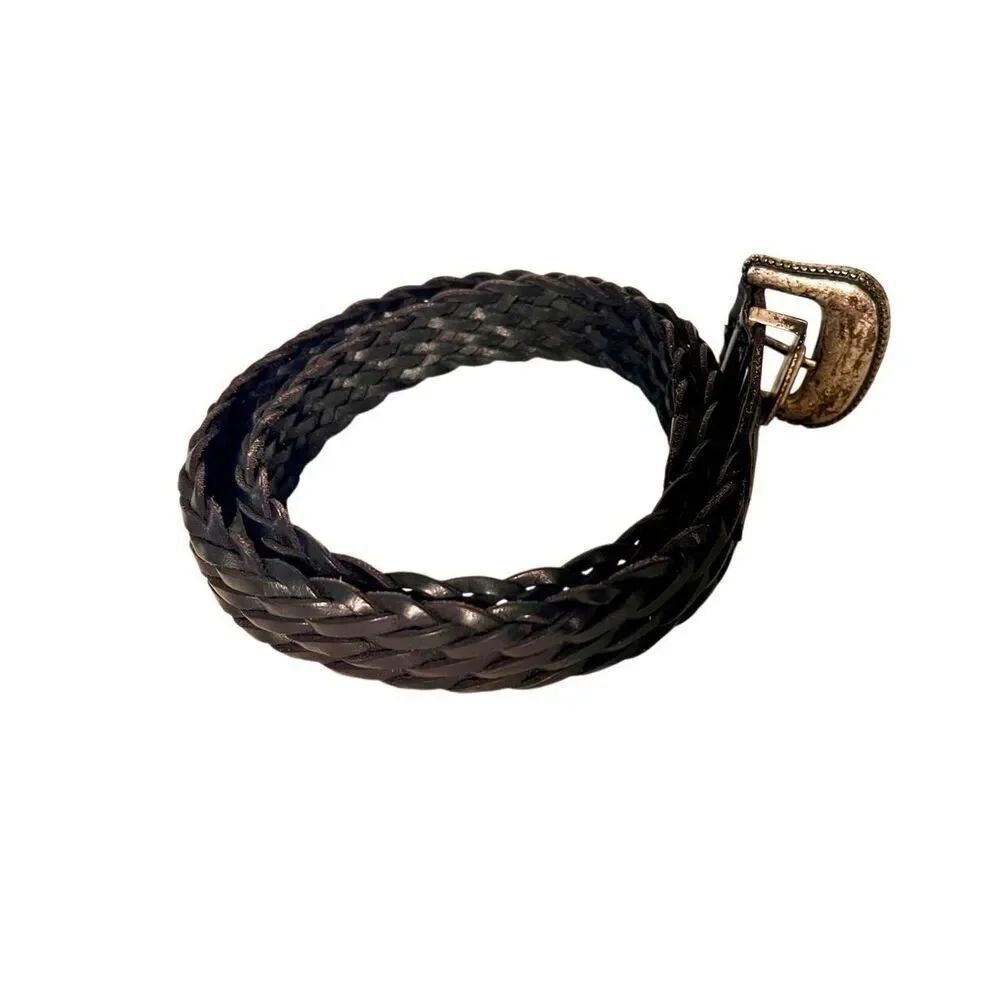 Vintage 90s Y2K Guess Black Genuine Woven Leather Western Belt W Silver Buckle L